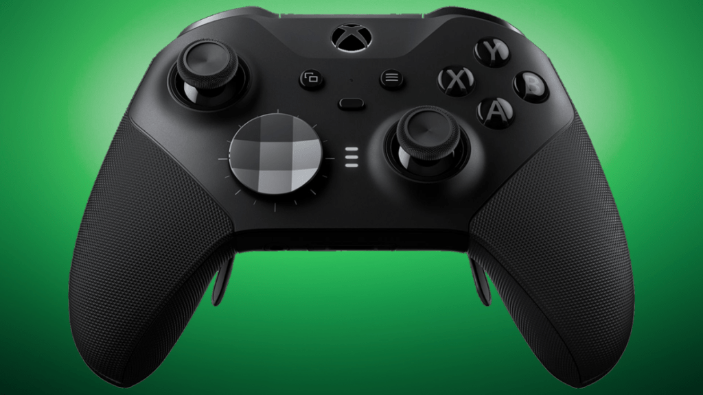 alt text describing image: The black Xbox Elite Series 2 controller is displayed with its interchangeable components.