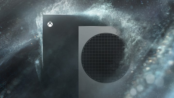 The Xbox Series X and Xbox Series S getting splashed with water.