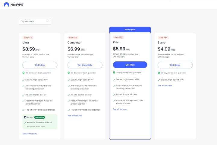 alt text: A table summarizing the features and pricing of NordVPN's different plans.