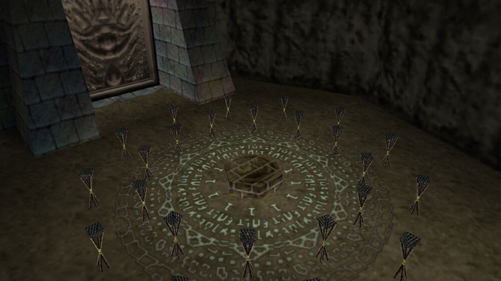 alt text: The entrance to the Shadow Temple in Ocarina of Time, shrouded in darkness and emanating an eerie aura.