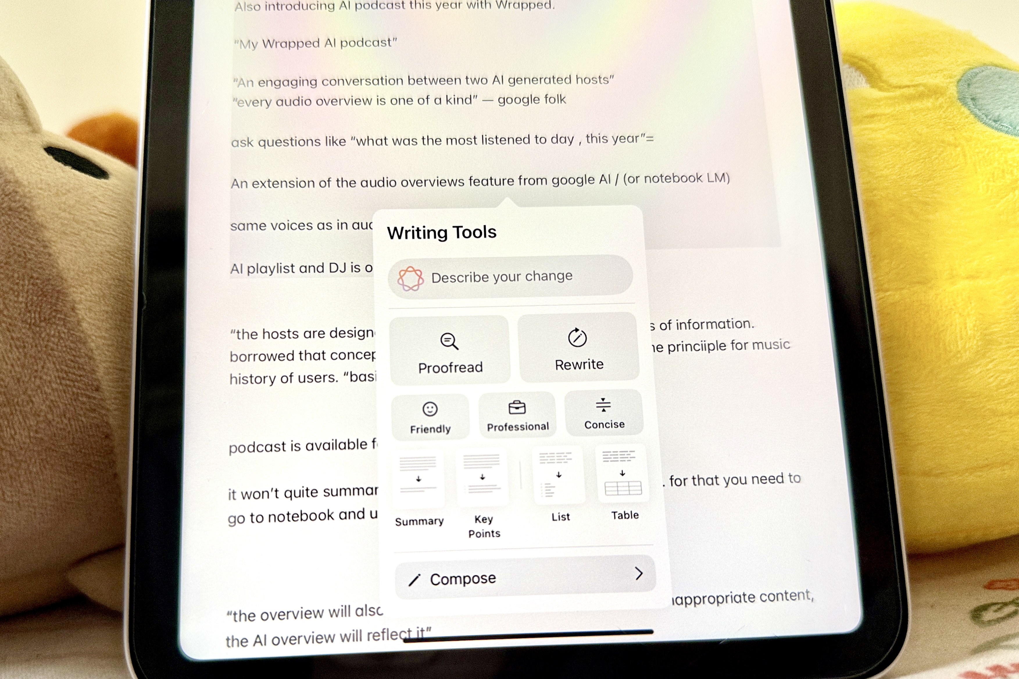 Writing tools on Apple iPad mini with A17 Pro.