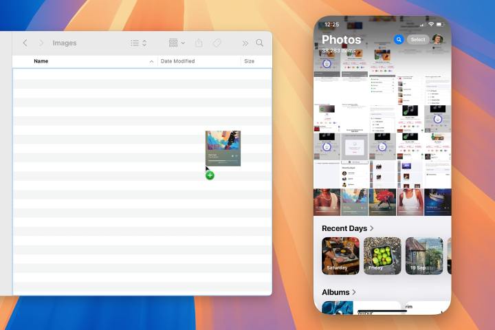 alt: Screenshot demonstrating dragging a file from an iPhone to a Mac using iPhone Mirroring in macOS Sequoia.