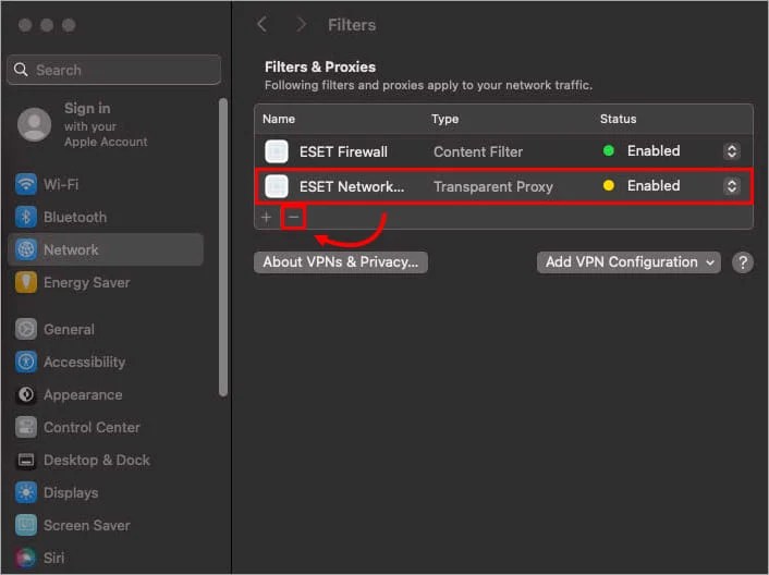 ESET Network Filter Removal Instructions