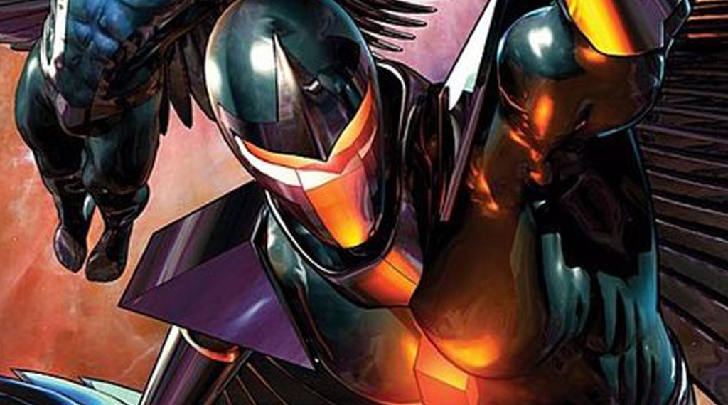 alt text: Darkhawk soaring through the air, ready for combat.