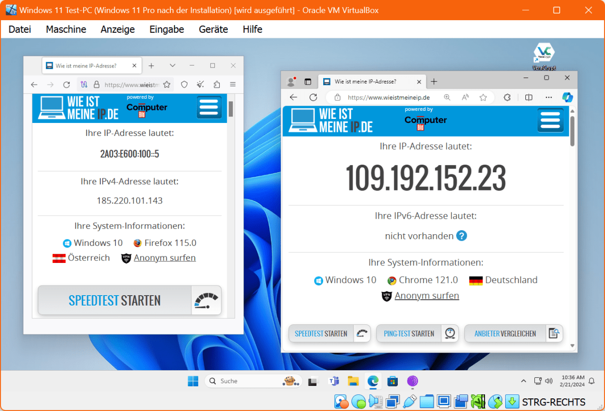 This is how darknet users surf anonymously: While the Tor browser (left window) displays a fictitious IP address, Microsoft Edge displays the real one. In a virtual machine, the browser leaves even fewer traces.