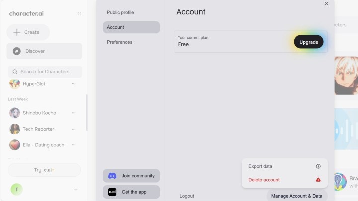 Character.AI delete account settings.