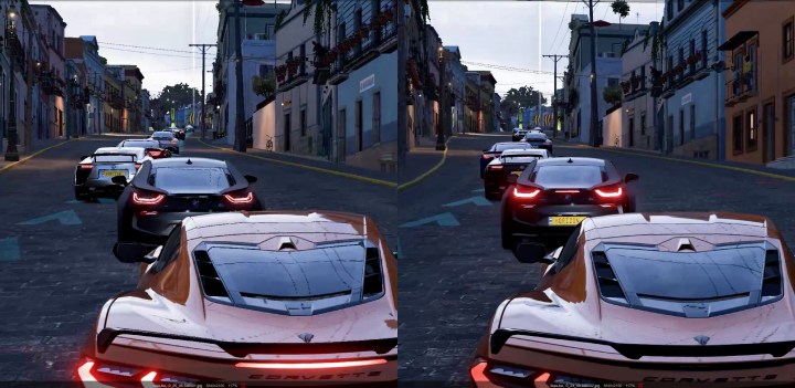 Alt text: A comparison of two anti-aliasing techniques in Forza Horizon 5: FXAA on the left and MSAA on the right, showcasing their visual impact on the game's graphics.