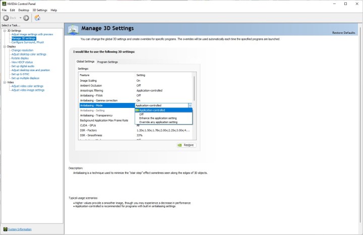 Alt text: A screenshot of the anti-aliasing settings within the Nvidia Control Panel.