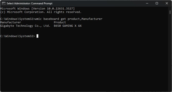 alt text: The Windows command prompt displaying the output of a command used to retrieve motherboard information.