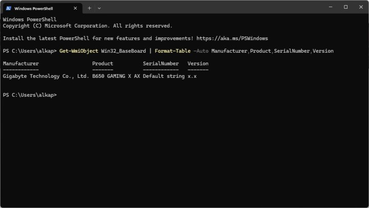 alt text: The Windows PowerShell window showing the output of a command used to retrieve detailed motherboard information.