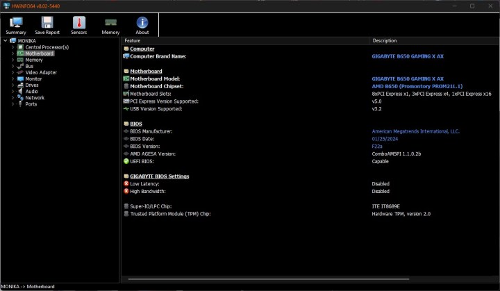 alt text: A screenshot of the HWiNFO software displaying detailed motherboard specifications.