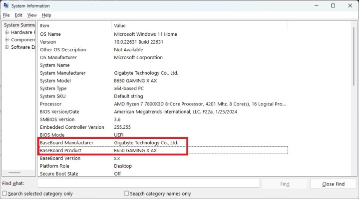 alt text: The Windows System Information window displaying system details, including the baseboard manufacturer and product.