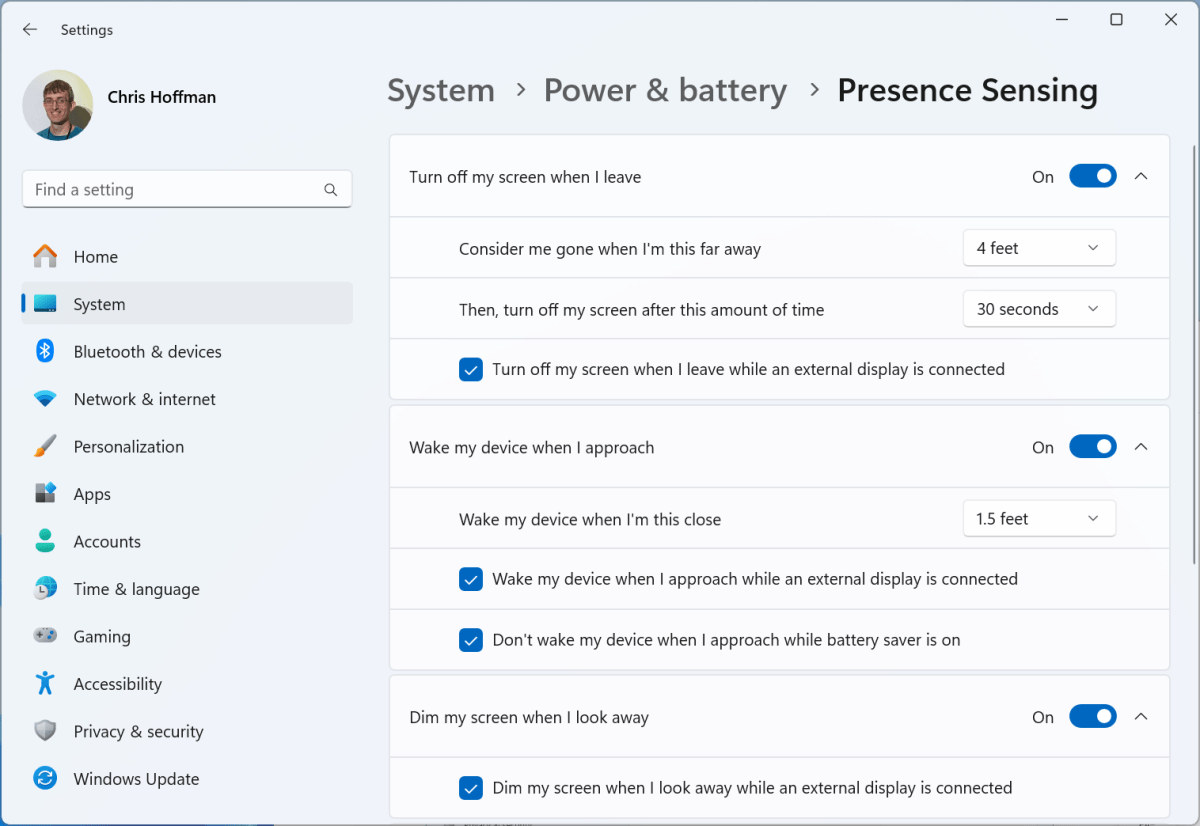 Windows 11 advanced settings for Presence Sensing screenshot