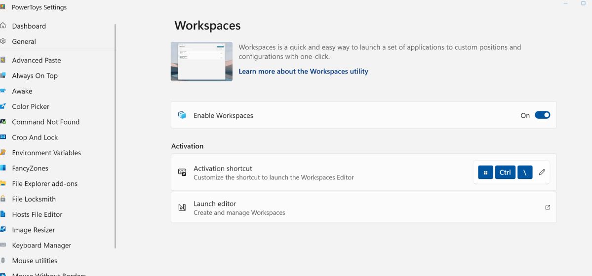 PowerToys workspaces shortcuts