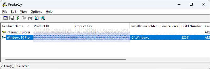 alt text: A screenshot of the Produkey tool displaying the Windows product key.