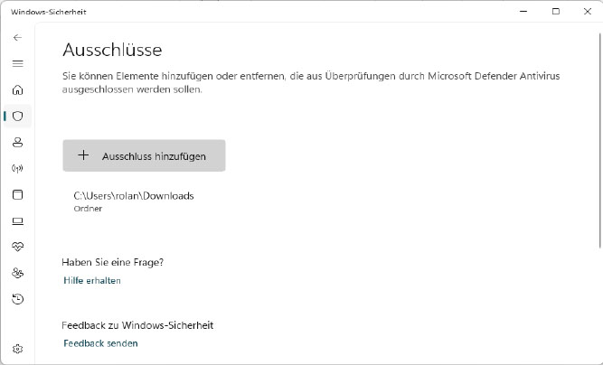 alt text: A screenshot of Windows Defender settings showing the exclusions section where you can add folders to be excluded from scanning.