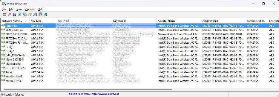 alt text: A screenshot of the Wirelesskeyview tool listing all saved Wi-Fi passwords for previously connected networks.