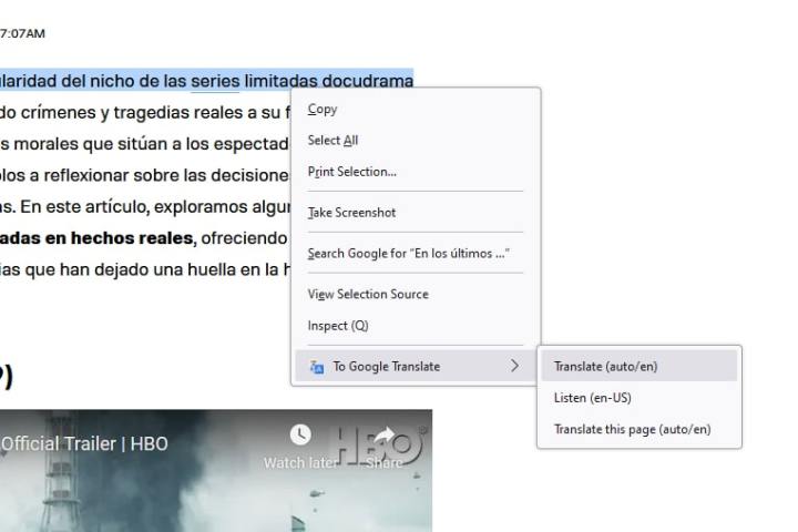 alt: The To Google Translate Firefox extension context menu, showing the option to translate selected text.