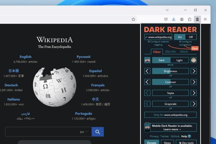 alt:  The Dark Reader Firefox extension applying a dark theme to a website, improving readability in low-light conditions.