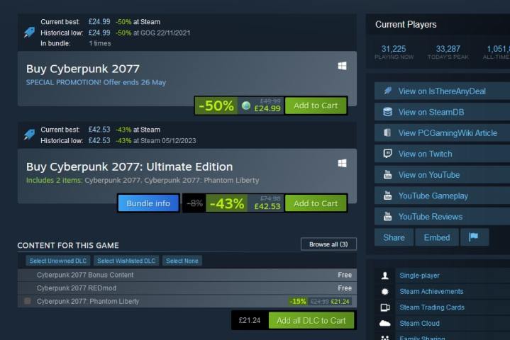 alt: The Augmented Steam Firefox extension displaying additional information on a Steam game page, including historical pricing and deals.