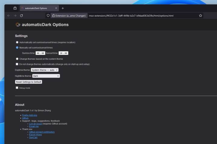 alt: The automaticDark Firefox extension settings panel, allowing users to configure time-based theme switching.