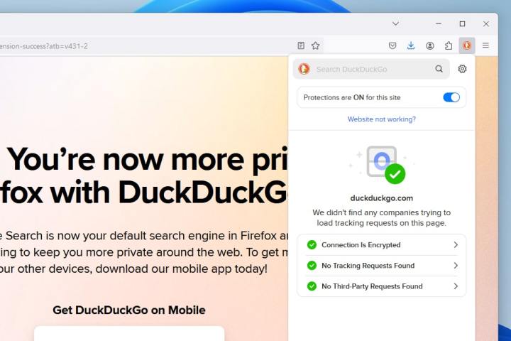 alt: The DuckDuckGo Privacy Essentials Firefox extension interface, showing privacy protection features.