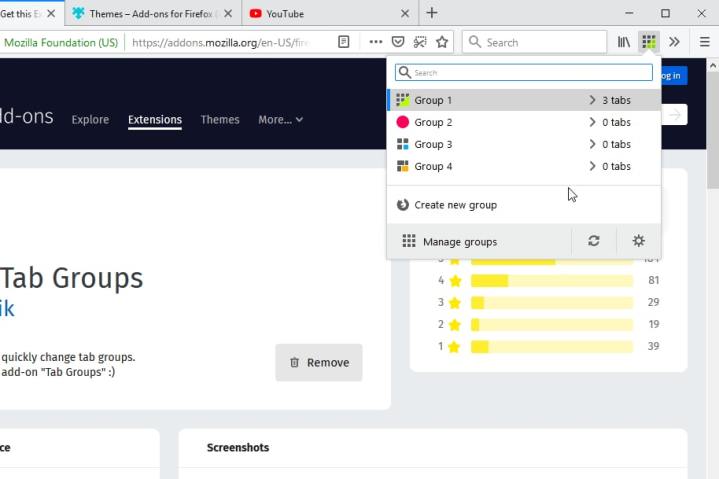 alt: The Simple Tab Groups Firefox extension interface, showing different tab groups and options for managing them.