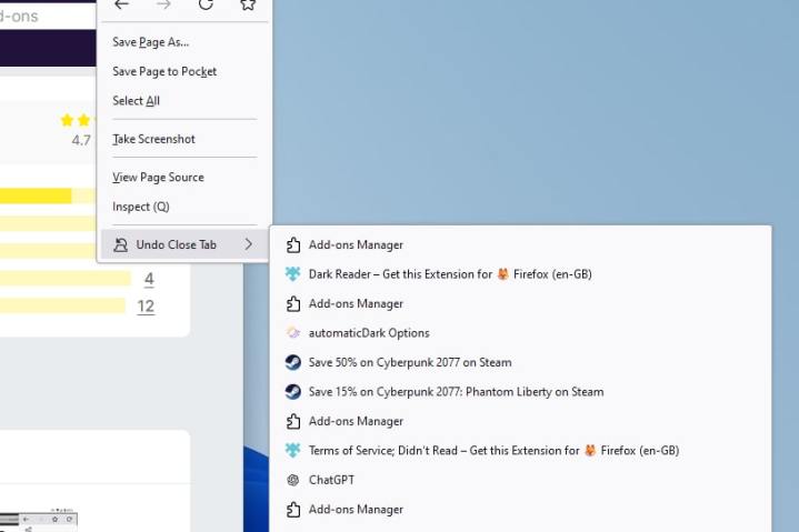 alt:  The Undo Close Tab Firefox extension context menu, showing a list of recently closed tabs.