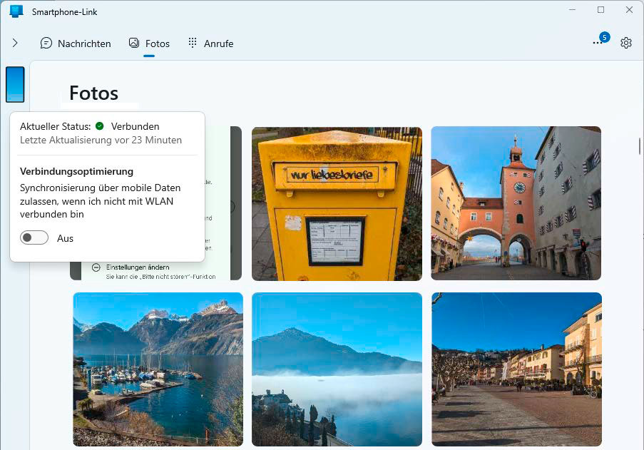 alt text: Microsoft's "Smartphone Link" app, available on Windows 10 and 11, provides access to smartphone photos but doesn't automatically save them to the PC.