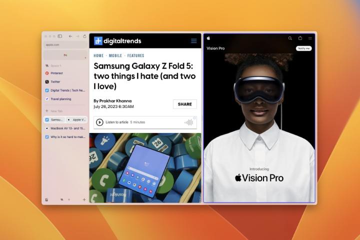 alt: Arc browser in Split View mode on macOS.