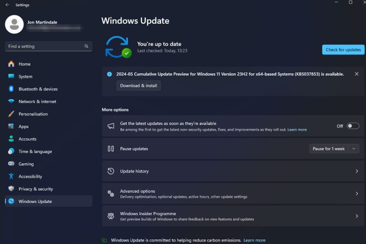 Running Windows update in Windows 11.