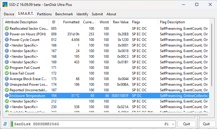 SSD-Z reads the S.M.A.R.T. data of your SSD or hard drive, identifying read/write errors.