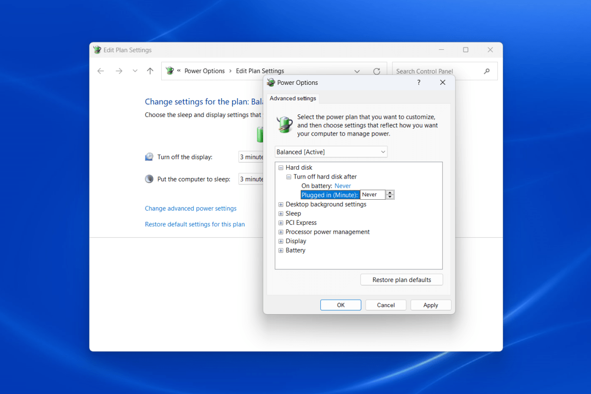 alt text: Disable the "Turn off hard disk after" setting in Windows Power Options to prevent your SSD from sleeping during inactivity, maintaining consistent responsiveness.