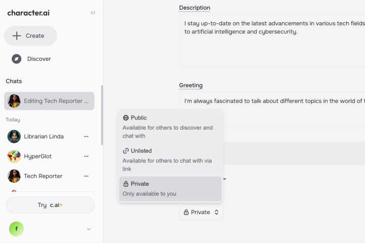Setting your Character AI profile to private. 
