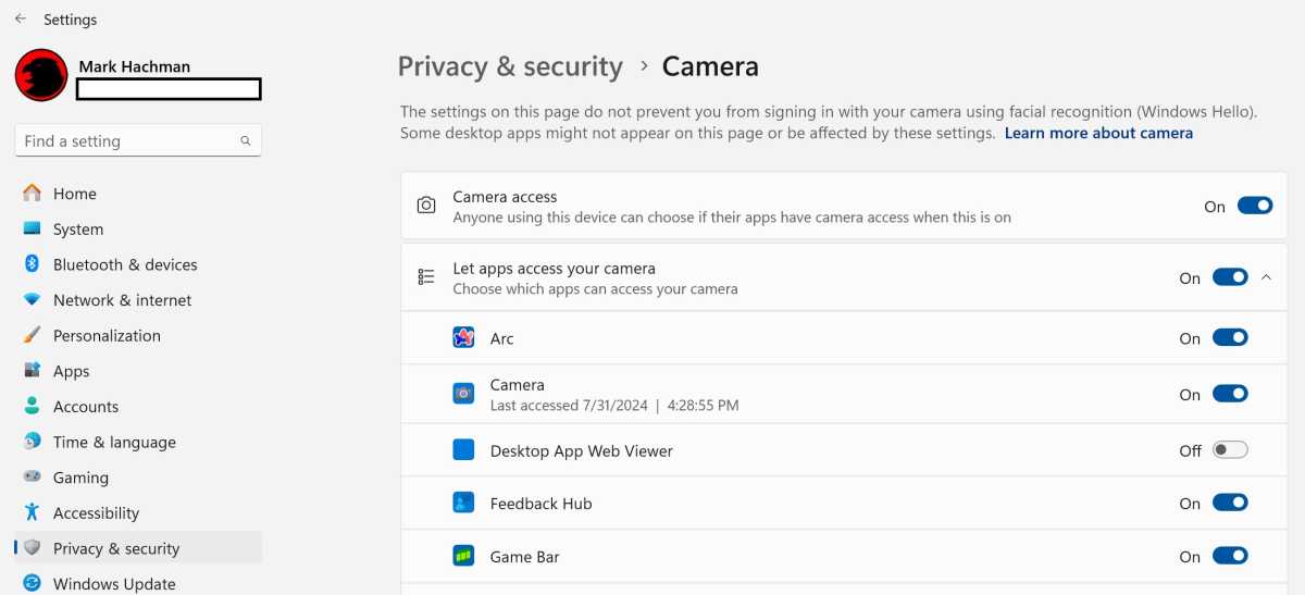 Windows settings privacy webcam camera more detail list of apps