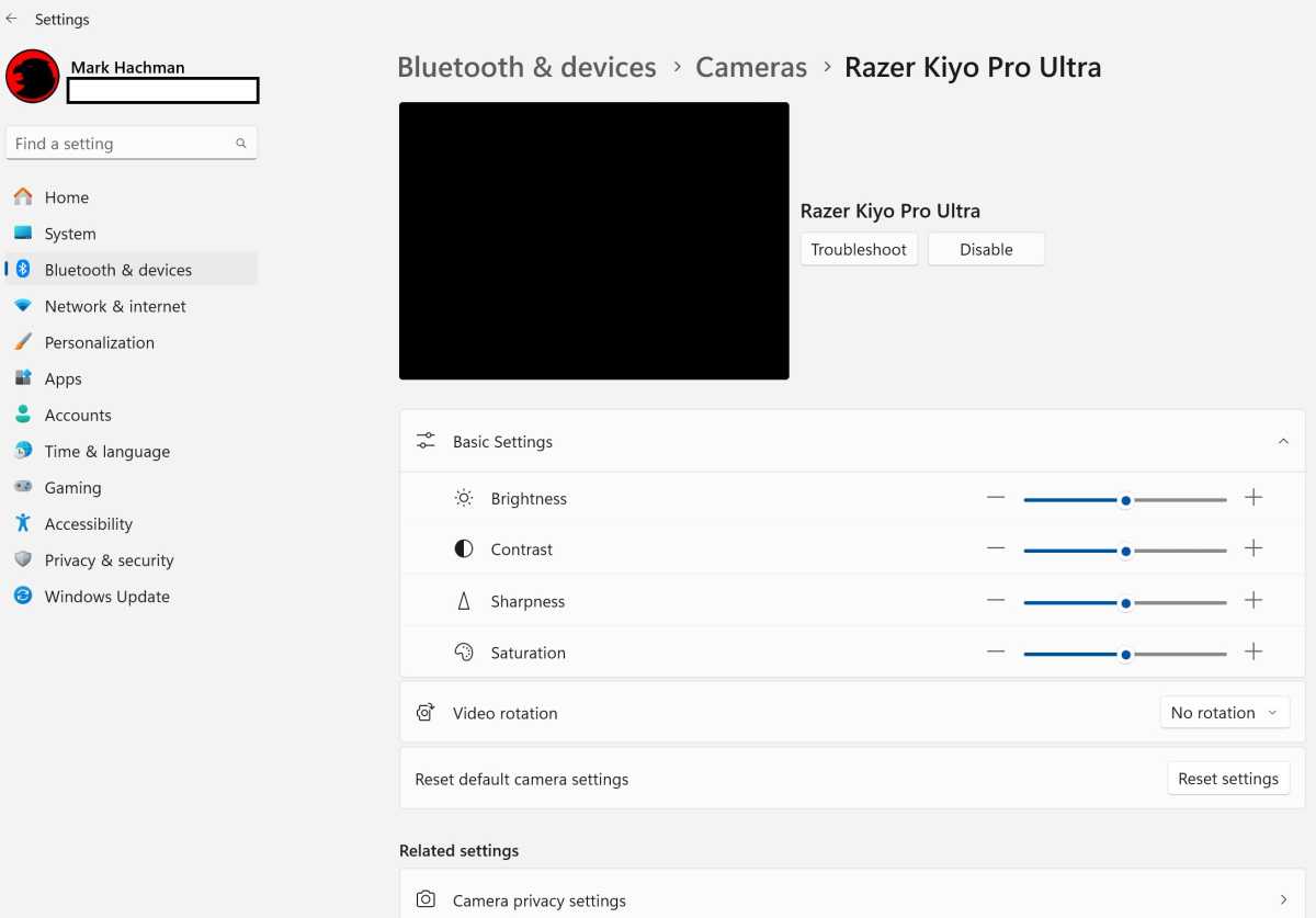 Windows settings camera webcam controls