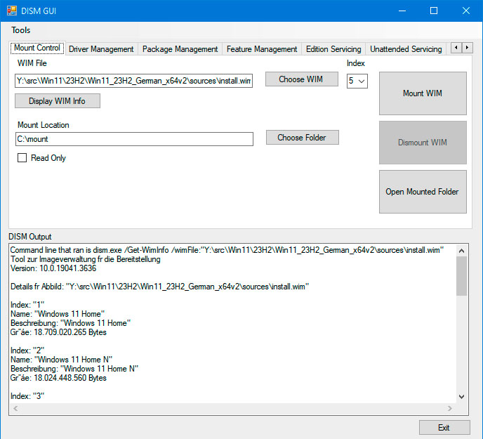 Handling WIM files: Dism-GUI shows which images are contained in a WIM file. The file can be mounted in the file system via the graphical user interface.