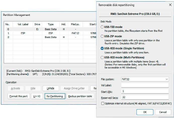 Re-partitioning: Bootice automatically creates a Uefi partition structure on USB sticks. The tool can also format sticks with more than 32 GB with FAT32.