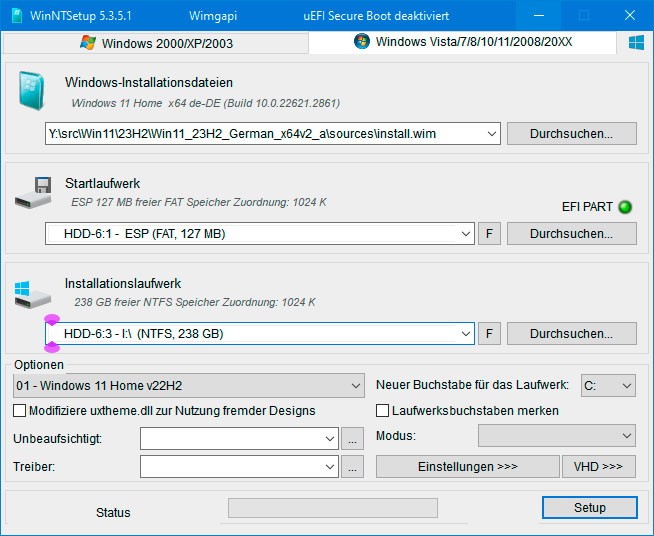 Windows quick installation: Win NT Setup extracts the Windows installation image for Windows-To-Go onto a USB stick or into a VHD file.