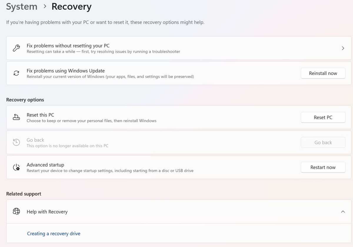 Windows recovery options