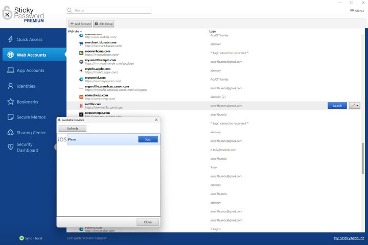 alt text: Syncing logins to an iPhone using Sticky Password's local Wi-Fi option.