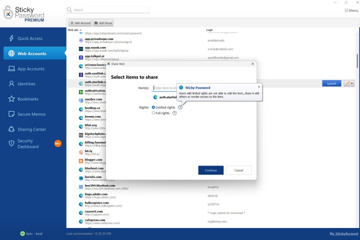 alt text: Sharing logins through the Sticky Password Windows application.