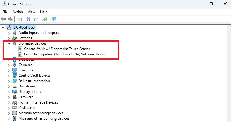 You can check the Device Manager to see whether biometric hardware is installed in the computer: A camera for facial recognition appears here as a biometric device and as an IR camera.