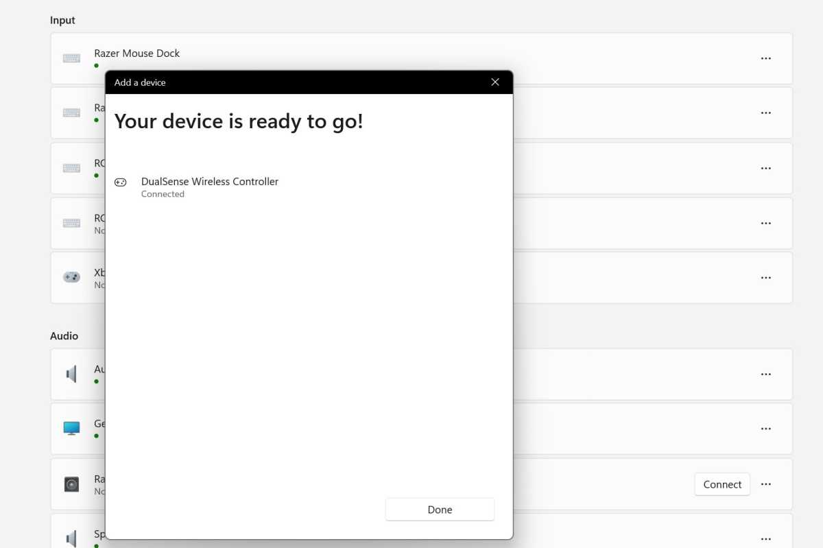 Windows 11 Bluetooth settings connected to PlayStation DualSense controller screenshot