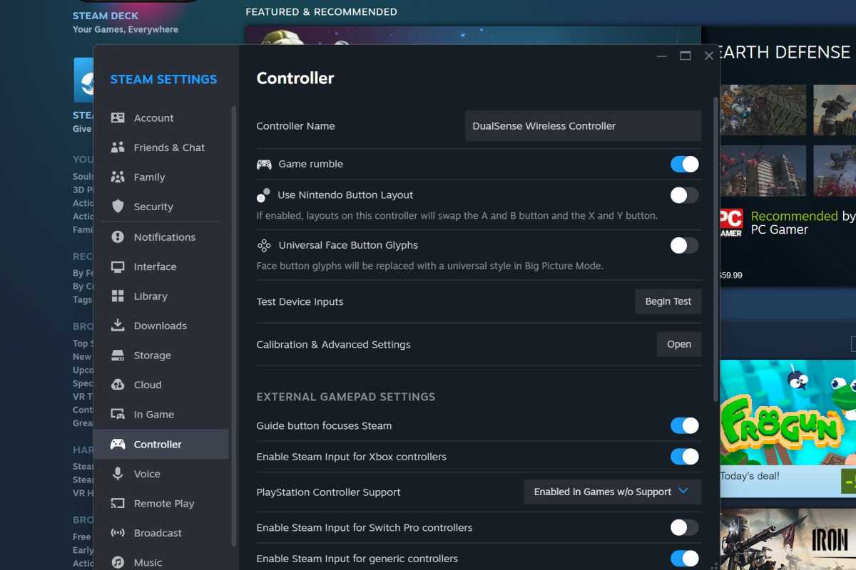 Steam settings for setting up PlayStation DualSense controller on PC