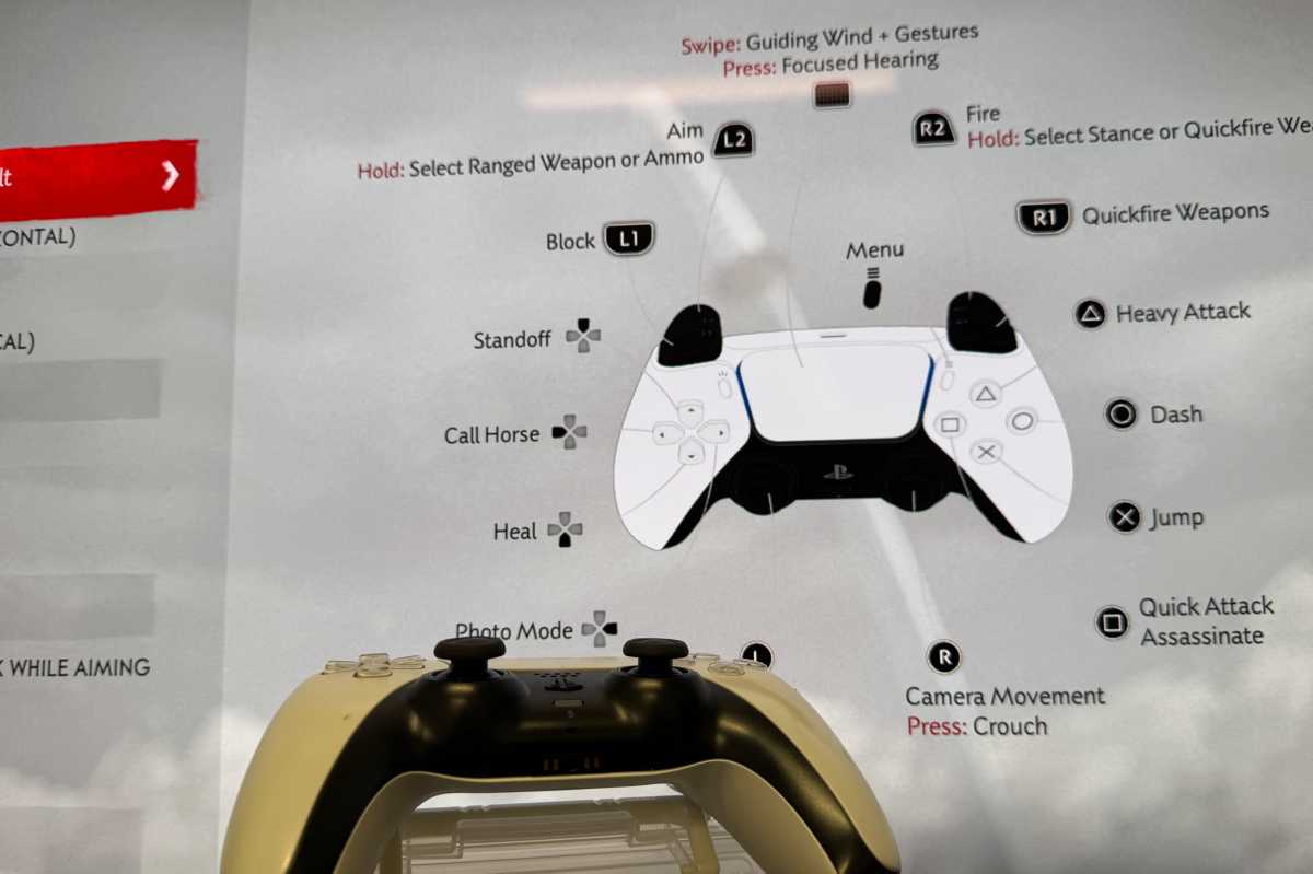 PlayStation DualSense controller in front of screen with Ghost of Tsushima button mappings