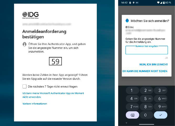 Here, a website (left) sends a push notification to the associated app on the smartphone. There, the user must now enter the displayed number to log into their account.