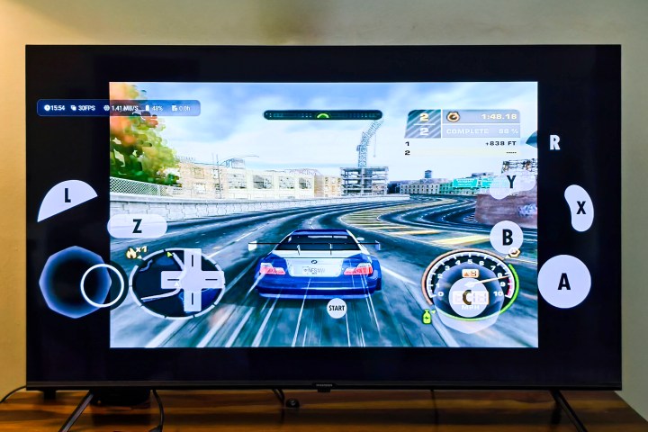 NFS Most Wanted being cast to TV running via Dolphin Emulator on RedMagic PS Pro.