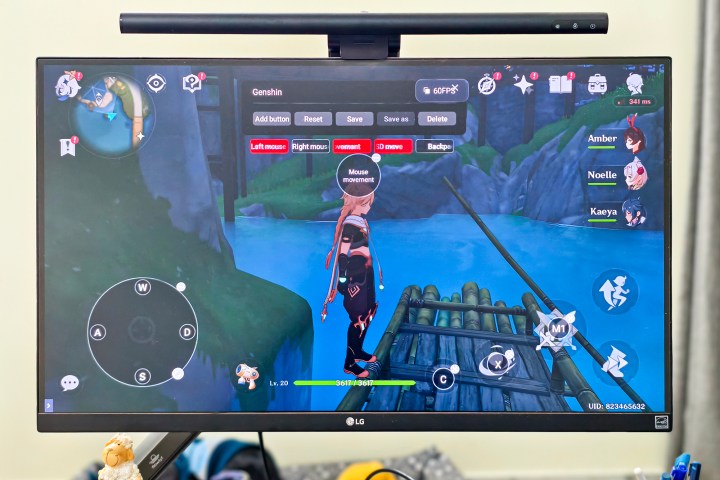 Keymapping for keyboard and mouse controls playing Genshin Impact on an external monitor cast from the RedMagic 9S Pro.