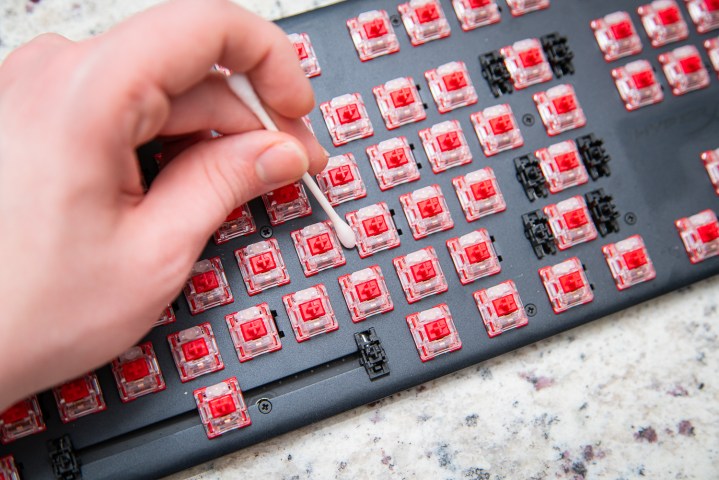 Someone cleaning a keyboard with a cotton swab.